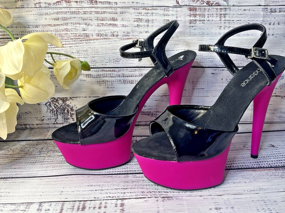 Lapdance Shoes Neon Pink Platform Heels Black Patent UV Reactive Size 10